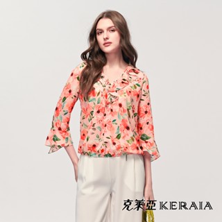 【KERAIA 克萊亞】漫步花園荷葉領縮擺雪紡上衣