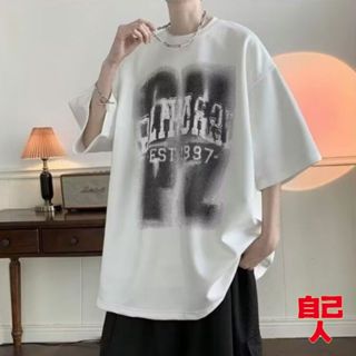 【自己人】麂皮絨短袖上衣 重磅五分袖 港風短袖T恤T恤 短袖上衣 印花上衣 圓領上衣 男女情侶百搭 ATU5005