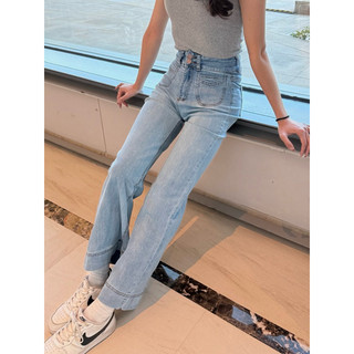 WEILI 韓系春夏季水洗藍牛仔褲女高腰口袋裝潢闊腿褲 3390