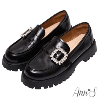 Ann’S心動千金-柔軟羊皮真皮方鑽厚底樂福鞋5cm-黑