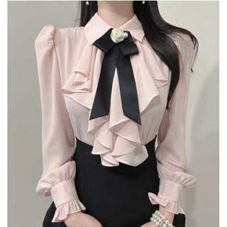 【GIRLS THING】正韓 領結荷葉邊襯衫 上衣 長袖襯衫 雪紡襯衫 荷葉邊上衣 翻領襯衫 澎袖 公主袖 宮廷風 女