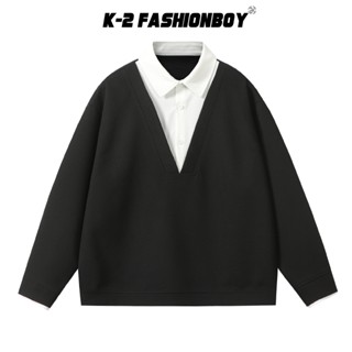 【K-2】學生風 假兩件設計 網狀 立領襯衫+V領長袖上衣 穿搭 素面 簡約 簡單乾淨 穩重【HHW3583】