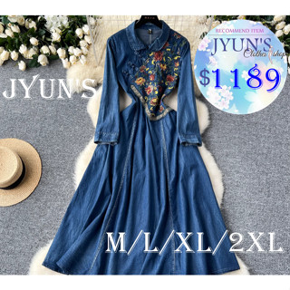 JYUN'S 秋季新款國潮風新中式牛仔洋裝女Polo領盤扣刺繡復古做舊設計感氣質長裙大尺碼1色M~2XL預購