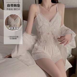 性感網紗透視露背低胸蝴蝶杯聚攏加胸墊吊帶家居服 性感睡衣 冰絲睡衣 蕾絲睡裙 短褲 家居服套裝