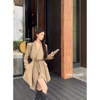 KIKIFAME🤎氣質Onni.質感大翻領不規則綁帶風衣外套 翻領外套 長袖外套 綁帶外套 大衣外套 中長版外套 開衫