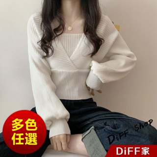 【DIFF】韓版設計感小眾假兩件方領泡泡袖針織上衣 毛衣 長袖上衣 女裝 衣服 長袖t恤 保暖上衣 冬裝【W242】