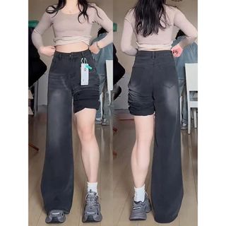 佰分佰/100kg內可穿/大尺碼/微胖穿搭/黑灰色闊腿牛仔褲/高腰/寬松顯瘦/梨形身材直筒褲/女生長褲