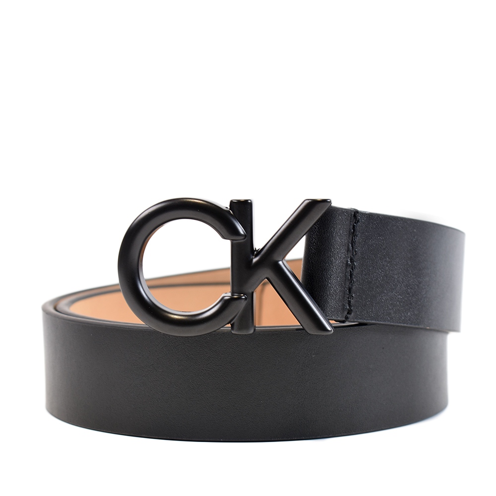 Calvin Klein 中性款 黑LOGO滑面皮革皮帶-黑色 【美國正品現貨】