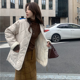 韓版菱格紋外套女 寬鬆 保暖 刷毛外套 毛絨外套 鋪棉外套 羊羔毛外套 棉衣 棉外套 冬天外套 加絨外套 羊羔絨外套女生