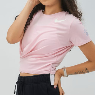 轉賣 Nike Luxe one 女 粉 M號 扭結 紐結 短版 白勾 休閒 運動 短袖 FJ9871-690