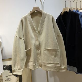 佰分佰/150kg內可穿/大尺碼女裝/微胖穿搭/慵懶風/V領外套/寬松/單排扣開衫/長袖上衣/秋冬上衣