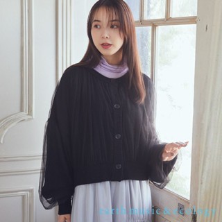earth music&ecology 層次薄紗拼接蓬袖開襟針織罩衫(1K44L2D0200)