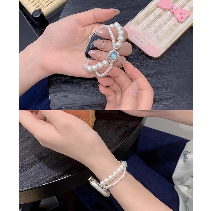 水星復古海藍珍珠錶帶 Apple Watch s10錶帶 蘋果手環錶帶 適用SE S9/8/7 iwatch彈力錶帶