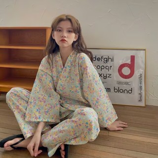FUXI 睡衣女 日系和服睡衣套裝 成套睡衣 九分袖長褲兩件式套裝 V領薄款春秋長袖睡衣 居家服 家居服