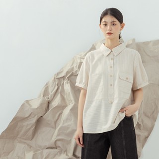【MOSS CLUB】 造型貼口袋棉質短袖上衣 藍 米