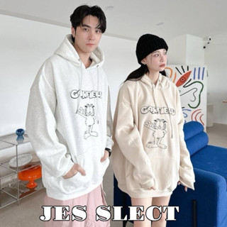 【JES】 韓國 厚磅 內刷毛 卡通 加菲貓 立體 貼布 刺繡 造型 刷毛 保暖 親膚 潮流 情侶 長袖 連帽長T 帽T