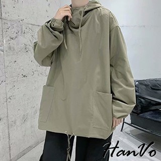 【HanVo】男款素色潮流連帽工裝衣 薄款寬鬆版型機能上衣 休閒百搭 男生衣著 B02-2056