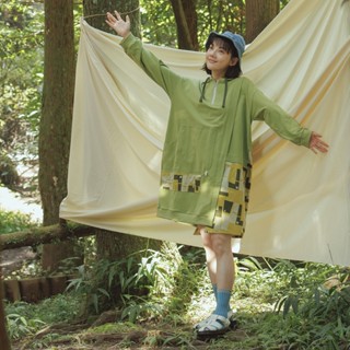 【MOSS CLUB】不規則拼接印花布連帽棉T長袖洋裝 黑 綠