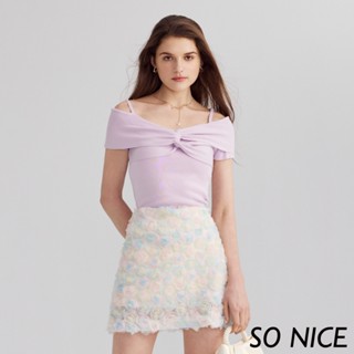 SO NICE【特惠】淡紫丁香露肩扭結修身針織上衣｜都會時尚女裝【93430018】