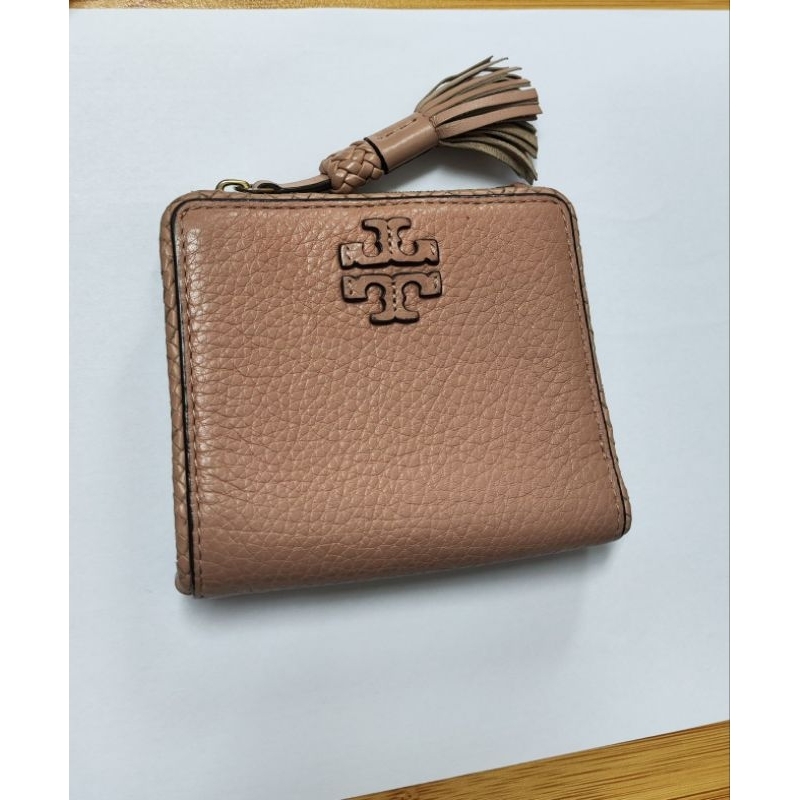 Q媽咪的家 二手 95新 TORY BURCH 短夾 皮夾 錢包 流蘇 近似奶茶色