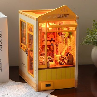 【臺灣現貨|烘焙日記】天予烘焙主題DIY小屋 建築模型屋 玩具小夜燈 立體3D書檔書立復古麵包房書櫃裡面的麵包店