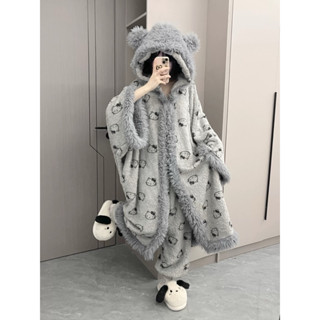 灰色kitty冬季新款女孩加絨加厚睡衣 珊瑚絨軟妹家居服 斗篷 睡衣