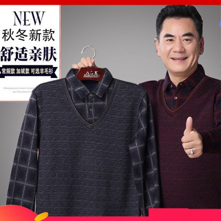 🔥【中老年男裝衣服】爸爸上衣衣服 男假兩件上衣 秋冬襯衫 秋冬男士羊毛衫加絨加厚針織毛衣 爸爸裝中老年假兩件套頭打底衫男