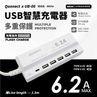 🚚12H火速寄出，Qonnect UB06🏪6.2A USB多孔延長線 USB插座 TypeC 2.4A快充 多重防護