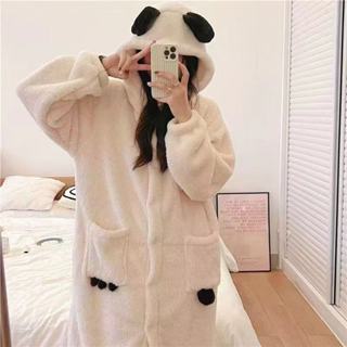 Lam 睡衣 睡袍 居家服 卡通睡袍 冬天珊瑚絨睡衣女 可愛 韓版ins 連帽 加絨加厚睡袍 保暖 少女睡袍 兩件套裝