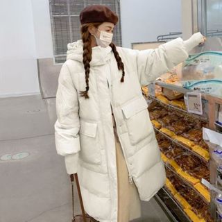 90白鴨絨外套 保暖 螺紋袖中長版羽絨服女寬鬆麵包服 女生外套 冬季外套 過膝羽絨外套連帽888 SRQ2