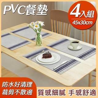 ECHAIN TECH 餐墊 PVC餐墊 PVC隔熱墊 簡約棉麻 防水墊 防燙墊 隔餐墊 茶臺墊-4入組簡約棉麻藍