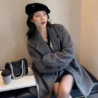 💎有發票💎預購💖高階感灰色西裝毛外套 女秋冬季加絨加厚 小眾仿羊毛羊絨大衣