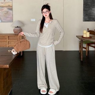 愛依依 兩件套 長袖上衣 直筒褲 長褲L-4XL新款慵懶風拼接長袖上衣闊腿褲套裝4F093-33196.