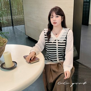 CCGIRL中大尺碼 優雅拼接感條紋針織翻式V領公主袖上衣(不可開扣)-適L～4L《20688》大尺碼女裝 中大尺碼上衣