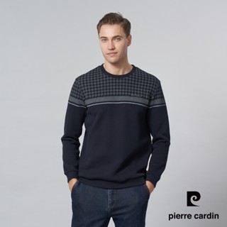 【pierre cardin 皮爾卡登】男裝 棉質混紡微彈性圓領千鳥格定位長袖T恤-深藍色 (5245211-38)