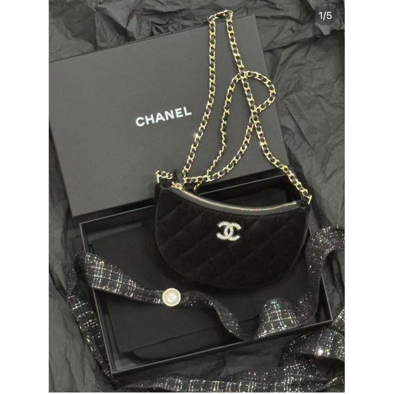 CHANEL 2024 VIC 年終禮 黑金配色絲絨月牙包 保證正品