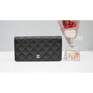 優買二手精品名牌店 CHANEL A31509 COCO 黑色羊皮菱格銀釦 拉鍊零錢包對折長夾皮夾發財夾 全新商品