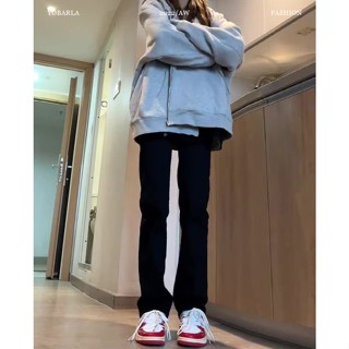 YOBARLA 大尺碼 高腰 黑色牛仔褲 秋冬 直筒長褲 窄版牛仔褲 潮流 百搭寬褲 修身 顯瘦 拖地褲 女生褲子