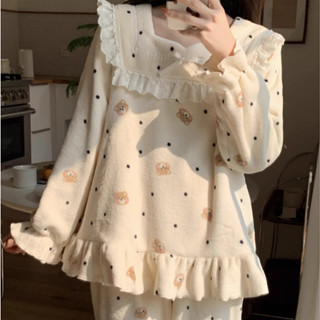 ♡ 部分現貨｜𝟕𝒑𝒖𝒑𝒖🧸Cute方領公主風小熊冬天居家服🧸電子發票/冬天睡衣/珊瑚絨/冬天睡褲/女生睡衣/保暖睡