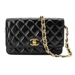 Chanel 展示品 油蠟羊皮金釦粗鏈斜揹包WOC(AP3310-黑)