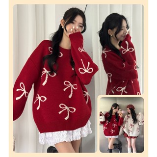 蝴蝶結珠珠寬版毛衣【1688】秋冬新款韓系INS修身顯瘦氣質純欲性感辣妹圓領長袖針織長版遮屁股 針織毛衣 長版上衣
