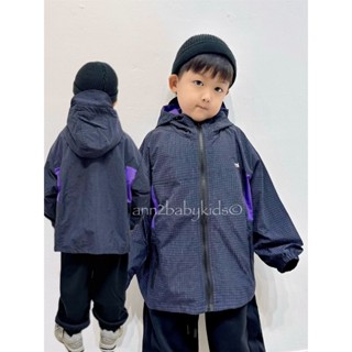 //ANN2 KIDS現貨// 童裝實拍 日系兒童 深藍格紋X紫拼接防風防水衝鋒外套 連帽風衣外套 日系童裝