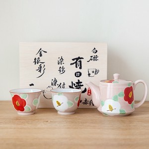 現貨免運｜日本製 有田燒 茶壺組｜茶具組(1茶壺+2個茶杯) 手描 釉彩椿 粉色 陶瓷器 日式餐具 帶濾茶網 410m