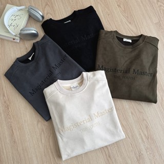 【FJstore】韓系 中間英文字 麂皮絨 大學T 大學踢 寬鬆 落肩 圓領 長袖上衣 男生長袖 女上衣 情侶