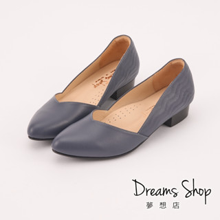 DREAMS SHOP 寬楦_MIT真皮壓紋拼接尖頭低跟鞋 深藍【XJ1015-3】大尺碼女鞋37-45