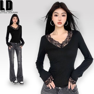 【LD】美式復古黑色v領蕾絲長袖t恤女~長袖上衣 v領上衣 顯瘦 長袖t恤 打底衫 美式上衣 辣妹上衣 黑色上衣 薄上衣