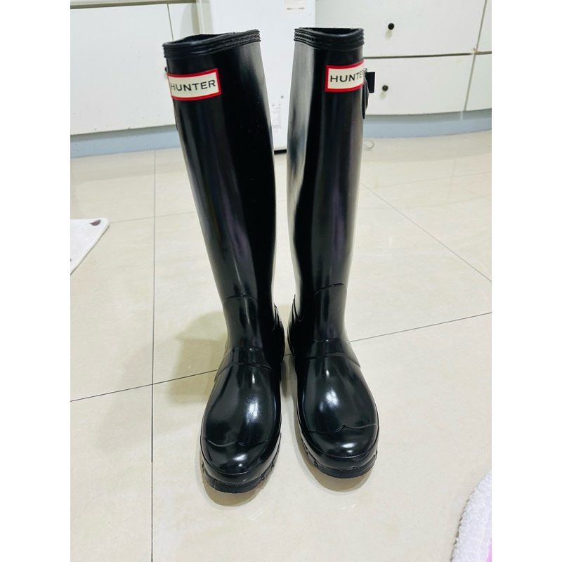 Hunter正版高筒黑色亮面雨鞋（近全新）