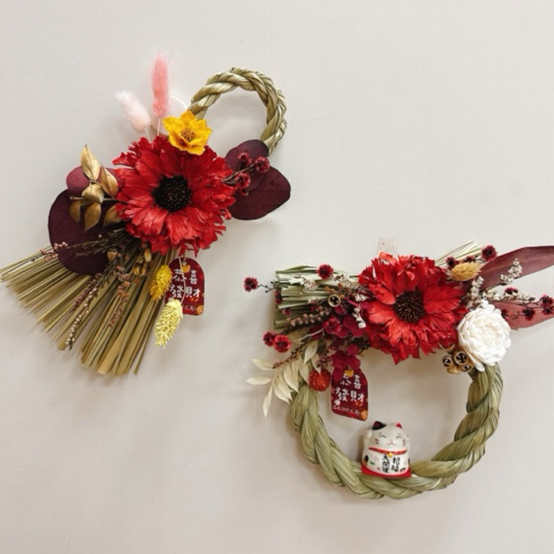 🤖️ 限量手作 招財貓 注連繩 稻米 日本新年 過年年禮 新年盆花 花環 新年賀禮 新年 新春桌花 貓咪