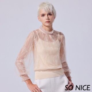 SO NICE【特惠】浪漫蕾絲網布收腰上衣｜都會時尚女裝 【75341030】
