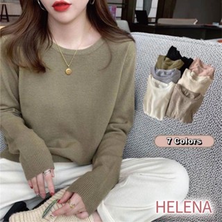 【Helena】圓領仿羊絨長袖打底衫 針織上衣 毛衣 t恤 薄款羊毛寬鬆素色長袖包心紗針織衫 上衣女【A2188】